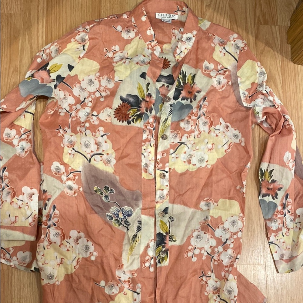 Preowned Citron Linen Floral Button-Up Shirt L large